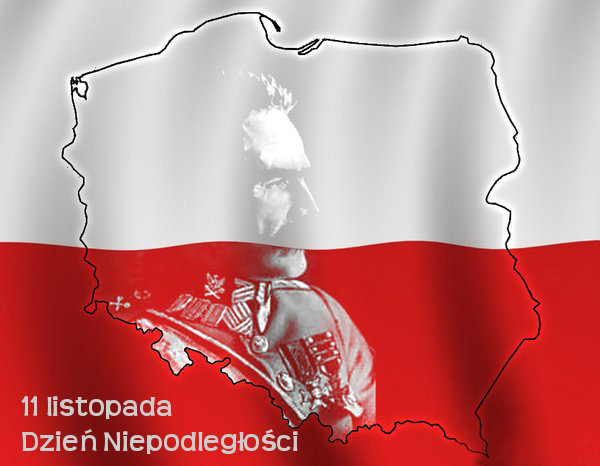 flaga Polski z zarysem granic i postacią Józefa Piłsudskiego